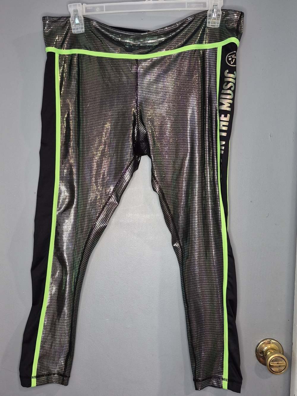 Women's Zumba Fitness Metallic Black Leggings with Neon Green Trim